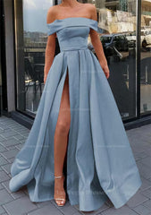 A Line Off The Shoulder Sleeveless Long Floor Length Satin Prom Dress With Split
