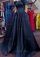 A Line Off The Shoulder Strapless Long Floor Length Satin Prom Dress With Pleated Pockets