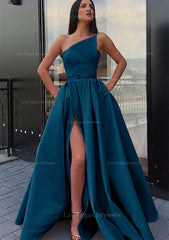 A Line One Shoulder Long Floor Length Satin Prom Dress With Pockets Waistband Split