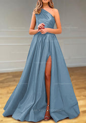 A Line One Shoulder Satin Prom Dress With Pleated Split