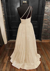 A Line One Shoulder Sleeveless Long Floor Length Sequined Prom Dress With Pockets