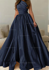 A Line One Shoulder Sleeveless Sweep Train Satin Prom Dress With Pleated