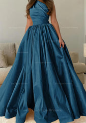 A Line One Shoulder Sleeveless Sweep Train Satin Prom Dress With Pleated