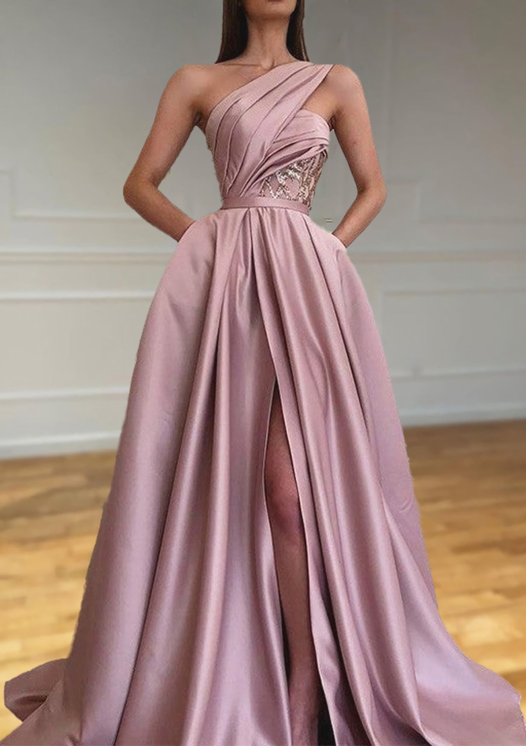 A Line One Shoulder Sleeveless Sweep Train Satin Prom Dresses With Split Pleated
