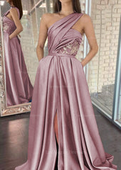 A Line One Shoulder Sleeveless Sweep Train Satin Prom Dresses With Split Pleated