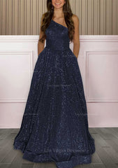A Line One Shoulder Sleeveless Sweep Train Sequined Prom Dress With Pockets