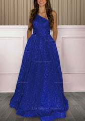 A Line One Shoulder Sleeveless Sweep Train Sequined Prom Dress With Pockets