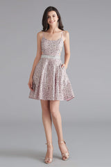 A-Line Pink Leopard Sequins Spaghetti Straps Cross Back Homecoming Dresses