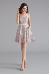 A-Line Pink Leopard Sequins Spaghetti Straps Cross Back Homecoming Dresses