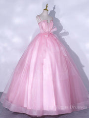 A-Line Pink Tulle Lace Long Prom Dress, Pink Formal Dresses