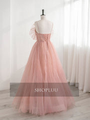 A-Line Pink Tulle Sequin Long Prom Dresses, Pink Formal Evening Dresses