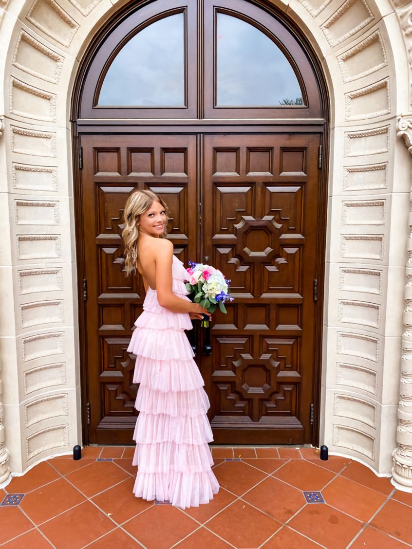 A-line Pink Tulle Tiered Long Prom Dress , Unique Prom Dress