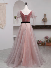 A-Line Pink Tulle Velvet Long Prom Dress, Pink Formal Dresses