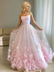 A-Line/Princess Bateau Floor-Length Tulle Prom Dresses With Flower