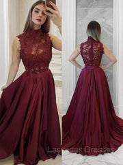 A-Line/Princess High Neck Sweep Train Satin Prom Dresses With Appliques Lace