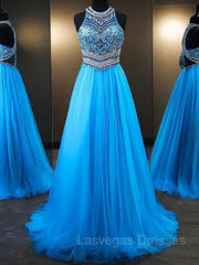 A-Line/Princess Jewel Sweep Train Tulle Evening Dresses With Beading