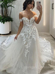 A-line/Princess Off-the-Shoulder Chapel Train Tulle Wedding Dress with Appliques Lace
