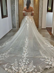 A-line/Princess Off-the-Shoulder Chapel Train Tulle Wedding Dress with Appliques Lace