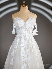 A-Line/Princess Off-the-Shoulder Chapel Train Tulle Wedding Dresses with Appliques Lace