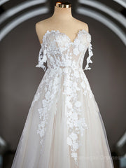 A-Line/Princess Off-the-Shoulder Chapel Train Tulle Wedding Dresses with Appliques Lace