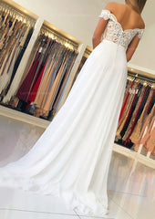 A Line Princess Off The Shoulder Short Sleeve Sweep Train Chiffon Prom Dress With Beading Appliqued