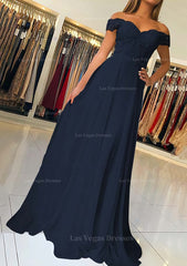 A Line Princess Off The Shoulder Short Sleeve Sweep Train Chiffon Prom Dress With Beading Appliqued