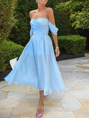 A-Line/Princess Off-the-Shoulder Tea-Length Chiffon Homecoming Dresses With Ruffles