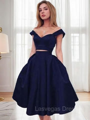 A-Line/Princess Off-the-Shoulder Tea-Length Satin Homecoming Dresses