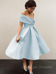 A-Line/Princess Off-the-Shoulder Tea-Length Satin Homecoming Dresses With Ruffles