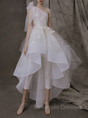 A-Line/Princess One-Shoulder Asymmetrical Tulle Wedding Dresses With Appliques Lace