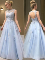 A-Line/Princess Sheer Neck Floor-Length Tulle Evening Dresses With Appliques Lace