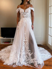 A-Line/Princess Spaghetti Straps Chapel Train Tulle Wedding Dresses With Leg Slit