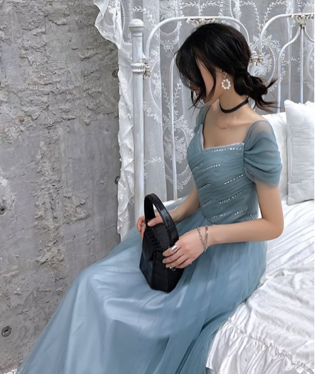 A-Line Princess Square Neckline Short Sleeve Floor-Length Prom Dresses