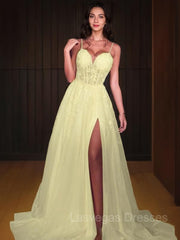 A-Line/Princess Sweetheart Sweep Train Lace Prom Dresses With Leg Slit