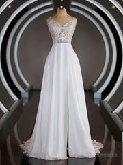 A-Line/Princess V-neck Court Train Chiffon Wedding Dresses with Leg Slit
