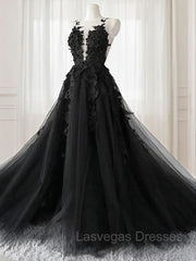 A-line/Princess V-neck Court Train Tulle Wedding Dress with Appliques Lace