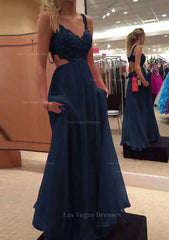 A Line Princess V Neck Sleeveless Long Floor Length Chiffon Prom Dress With Lace Beading
