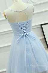 A Line Round Neck Lace Blue Short Prom Dress, Short Blue Lace Formal Graduation Homecoming Dress