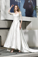 A-Line Satin Lace 3/4 Sleeves Ankle Length Wedding Dresses