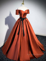 A-Line Satin Orange Long Prom Dresses, Orange Formal Evening Dresses