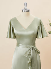 A-line Short Sleeves Silk Like Satin V-neck Ruffles Asymmetrical Bridesmaid Dress