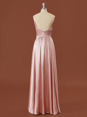 A-line Silk Like Satin V-neck Pleated Floor-Length Bridesmaid Dress
