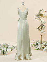 A-line Silk Like Satin V-neck Ruffles Asymmetrical Bridesmaid Dress
