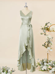 A-line Silk Like Satin V-neck Ruffles Asymmetrical Bridesmaid Dress