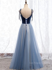 A Line Sleeveless Floor Length Blue Prom Dresses, Blue Long Formal Bridesmaid Evening Dresses