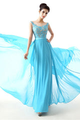 A-line Sleeves Chiffon Lace Backless Long Prom Dresses