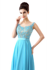 A-line Sleeves Chiffon Lace Backless Long Prom Dresses