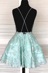 A-Line Spaghetti Straps Backless Mint Green Lace Short Prom Dress, Backless Mint Green Lace Formal Graduation Homecoming Dress