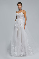 A-Line Spaghetti Straps Tulle Decal Long Wedding Dresses