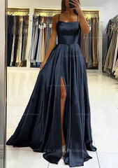 A Line Square Neckline Sleeveless Satin Sweep Train Prom Dress With Pleated